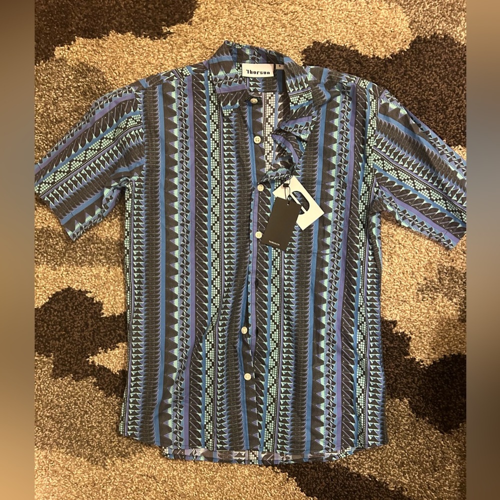 Thorsun Meso American Stripes Short Sleeve Button Up Shirt Blue Small $275 NWT